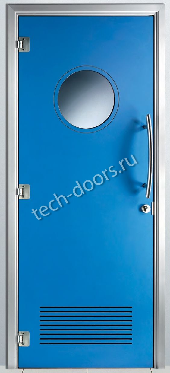 Дверь техническая однопольная 880x2050 синяя с круглым окном